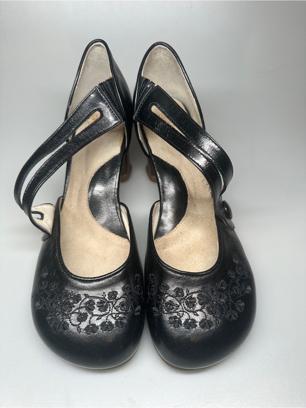 John Fluevog Black Floral Embossed Mary Jane Heels